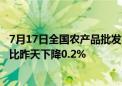 7月17日全国农产品批发市场猪肉平均价格为24.87元/公斤 比昨天下降0.2%