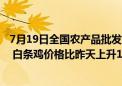 7月19日全国农产品批发市场猪肉平均价格比昨天下降0.7% 白条鸡价格比昨天上升1.1%