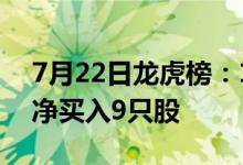 7月22日龙虎榜：1.07亿抢筹大众交通 机构净买入9只股