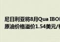 尼日利亚将8月Qua IBOE原油官方销售价格定在较可比基准原油价格溢价1.54美元/桶