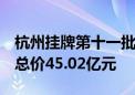 杭州挂牌第十一批次住宅用地：4宗地块起始总价45.02亿元