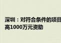 深圳：对符合条件的项目给予不超过项目总投入的50%、最高1000万元资助