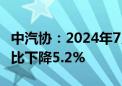 中汽协：2024年7月汽车销量为226.2万辆 同比下降5.2%