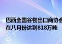 巴西全国谷物出口商协会（ANEC）称：巴西大豆出口预计在八月份达到818万吨