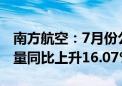 南方航空：7月份公司及所属子公司旅客周转量同比上升16.07%