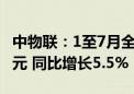 中物联：1至7月全国社会物流总额197.7万亿元 同比增长5.5%