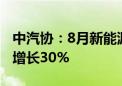 中汽协：8月新能源汽车销量为110万辆 同比增长30%