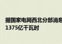 据国家电网西北分部消息：我国西北电网清洁能源发电量达1375亿千瓦时